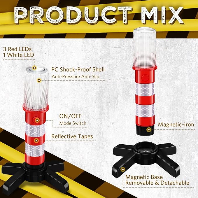 20 Pcs Emergency Roadside Flares Bulk Kit LED Safety Strobe Road Warning Light Bright Red Safety Beacon Strobe Light Roadside Flare Magnetic Base Detachable Stand Vehicle (Batteries Excluded)
