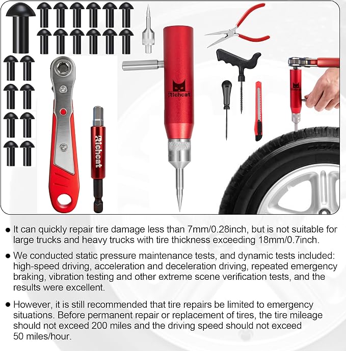 Tubeless Tire Puncture Repair Kit with Mushroom Plug, Repairs punctures and Flat Tires for Motorcycles, Cars, Trucks, ATVs and Tractors