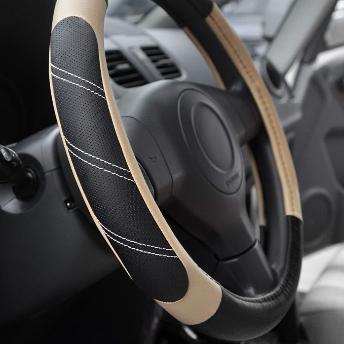 Steering Wheel Cover Leather 15 1/2 to 16 inch Universal Large Soft Grip Breathable for Car Truck SUV Jeep Anti Slip Beige