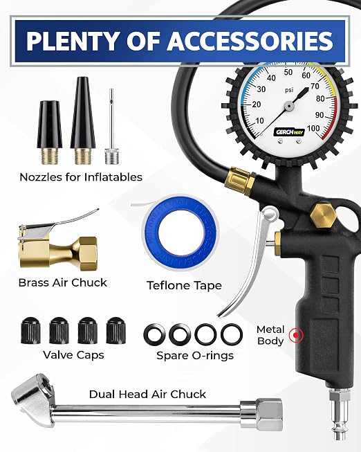 GERCHWAY Tire Inflator with Pressure Gauge – Large Glow Dial, Swivel Air Chuck with Gauge and Air Compressor Accessories – 100 PSI