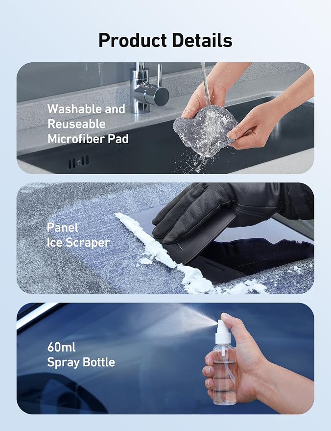 Windshield Cleaner, Microfiber Window Cleaner with 4 Reusable Washable Large Sponge Pads, Extendable 180° Rotating Handle, Fits Cars & SUVs, Includes Spray Bottle, Gray