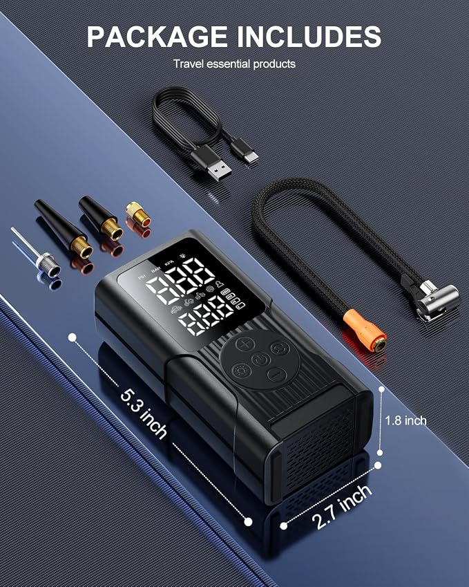 Tire Inflator Portable Air Compressor - 3X Faster Cordless Air Pump for Car Tires, 150PSI Electric Bike Pump with Digital Gauge & Auto Shut Off, LED Light, Power Bank