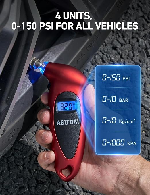 Digital Tire Pressure Gauge 150 PSI, Industrial Tire Gauge Calibrated to ANSI B40.7 +/-1PSI, AAA Batteries, for Light Trucks, Pickup Trucks, SUVs, Cars Red, 2 Pack