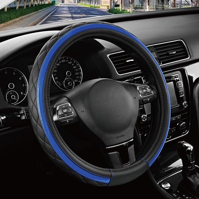 Leather Steering Wheel Cover – Black & Blue, Universal Fit 14.5-15 Inch, Microfiber Leather, Anti-Slip & Breathable Design for Men and Women