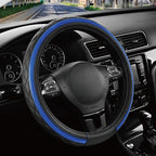 Leather Steering Wheel Cover – Black & Blue, Universal Fit 14.5-15 Inch, Microfiber Leather, Anti-Slip & Breathable Design for Men and Women