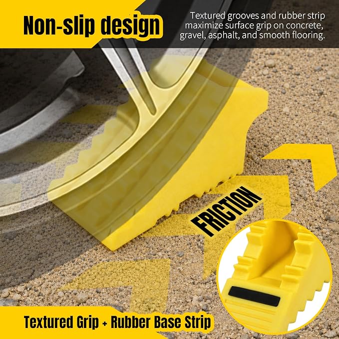 High Visibility Poly Foam Wheel Chock 2-Pack | 8" x 4" x 4" Lightweight Tire Stop | Slip-Resistant Rubber Base | Built-in Handle | Safety Yellow (50503)