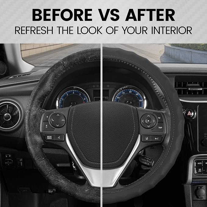 Genuine Black Leather Steering Wheel Cover for Car, Large 15.5-16 inch – Ergonomic Comfort Grip for Men & Women, Car Steering Wheel Cover for Vehicles with Large Steering Wheels