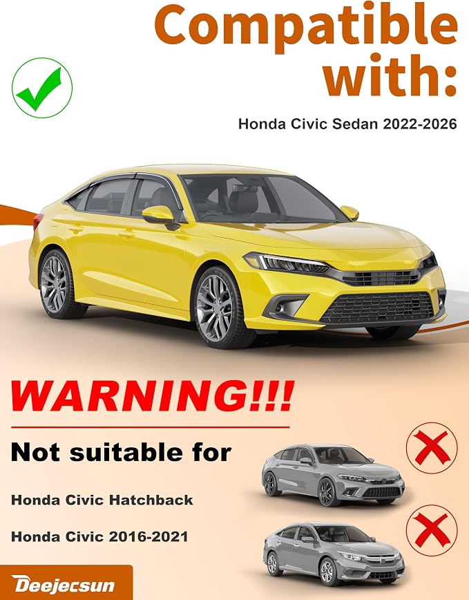 6-PCS Low Profile Window Rain Guards Fit for Honda Civic Sedan 2022-2026 Rain Guard Window Deflectors Extra-Thick Side Window Visors Vent Shades Tape-on Vent Visors Car Accessories