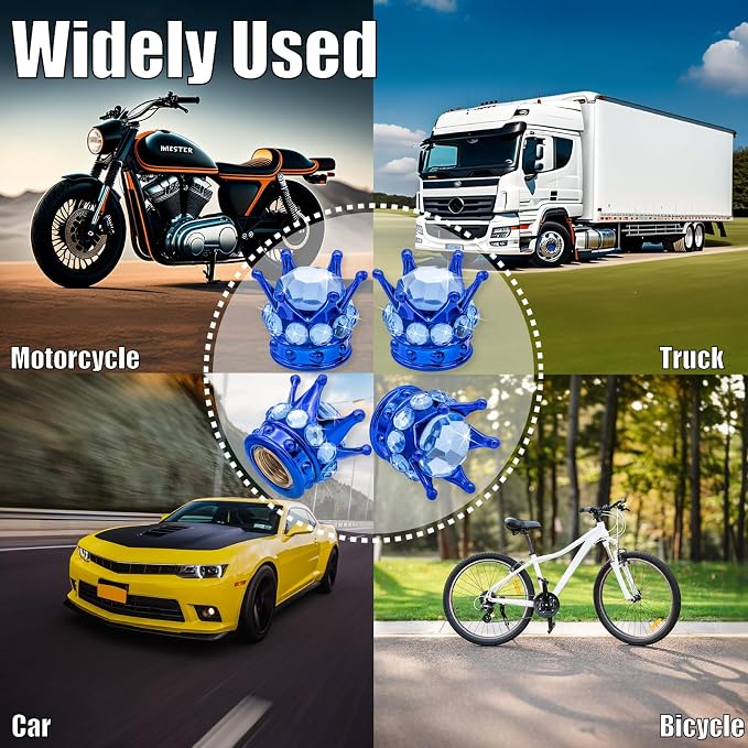 4PCS Crown Bling Tire Stem Valve Caps, Crystal Diamond Car Wheel Tire Valve Caps Universal Copper Core Stem Covers for Cars, SUV, Trucks, Bikes, Motorcycles, Bicycles (Blue)