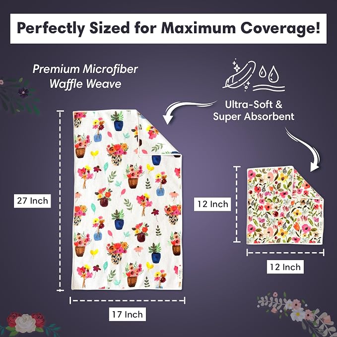 crae. Microfiber Hand Towel & Washcloth Set of 2 - Double-Sided, Waffle Weave, Super Absorbent, Lint-Free, Fast Drying - for Bathroom, Kitchen, Car, and Window Cleaning (Petal Lane/Posey)