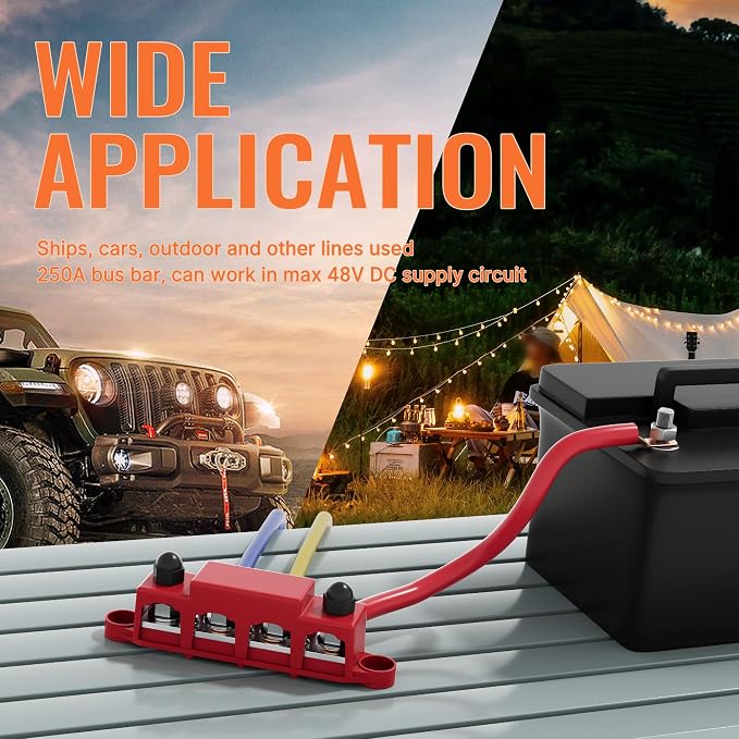 Power Distribution Block Bus Bar 12V 250A with 4 x 5/16"(M8) Studs Marine Bus Bar 12 Volt DC Battery Busbar Terminal Block for Automotive, Car, Boat, Solar Wiring - Negative&Positive