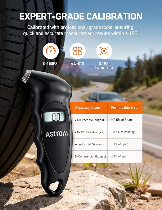 Digital Tire Pressure Gauge with Replaceable AAA Batteries 0-150PSI, Accurate in 0.1 Increments, Tire Gauge with Backlit LCD, Presta Valve Adaptor, 4 Units for Car Truck Bicycle, Black, 2pack