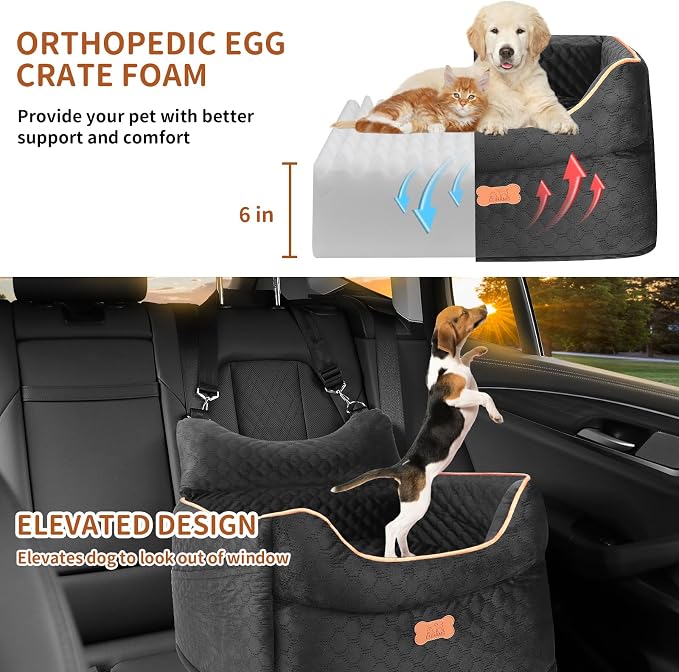 Dog Car Seat - Memory Foam Dog Booster Seats for Small Dogs Up to 25lbs-Elevated Pet Car Seat with Storage Pockets and Dogs Seat Belt-Pet Travel Bed for Front & Back Seats-Removable Washable-Black