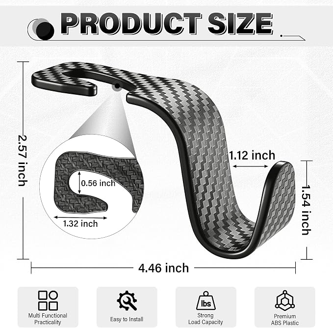 Universal 4 Pack Car Seat Headrest Purse Hook, Carbon Fiber Back Seat Hook Storage Organizer Hanger for Purse Handbag Coat, Car Interior Accessories(Black)
