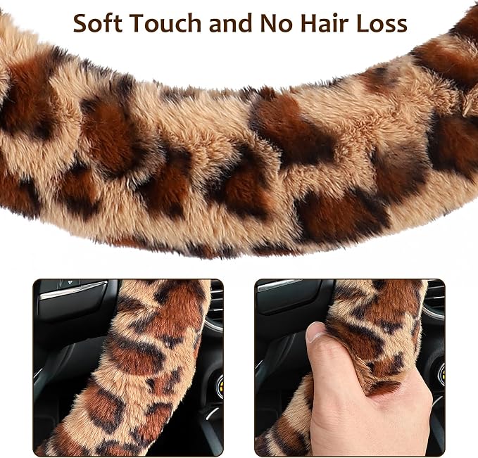Fuzzy Car Steering Wheel Cover, Universal Fit Fur Auto Wheel Cover & Handbrake Cover & Gear Shift Cover Set, Leopard Warm Fluffy Vehicle Wheel Protector Car Accessories for Men Women (Brown)