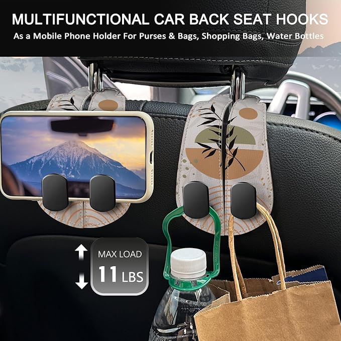 2PCS Car Seat Back Storage Headrest Hooks, Abstract Boho Leaves Purse Holder Bags Hanger, PU Leather Double Metal Hook Backseat Organizer, Women Car Accessories Organization