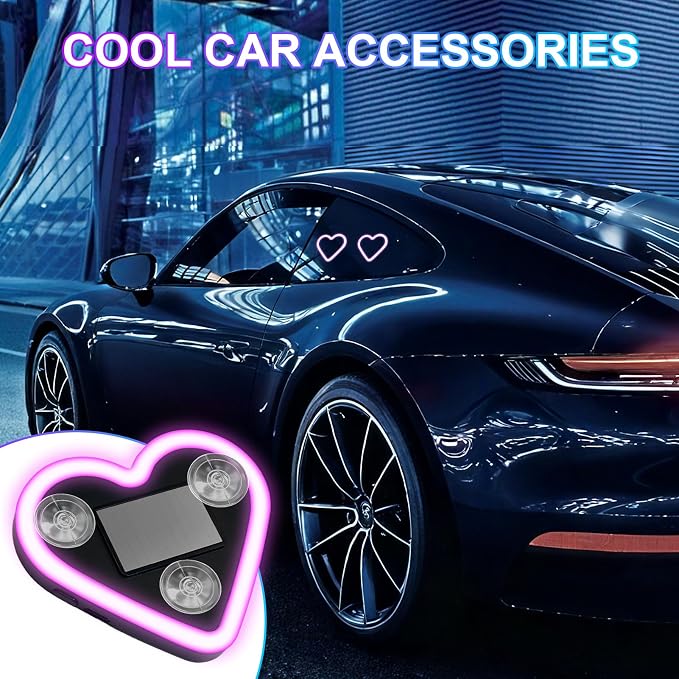 Heart-Shaped LED Neon Light | Solar and USB Rechargeable | 1 Pcs Pink & 1 Pcs Blue Car Interior Lights with Suction Cups | 40 High-Brightness LEDs Car Ambient Light, 5 Modes