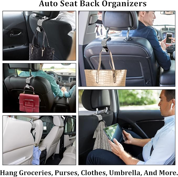 2 Pack Car Hooks, 2021 New Bling Rhinestones Crystal Hooks Car Decorations Auto Seat Back Organizers Strong and Durable Backseat Hanger Storage Universal for SUV Truck Vehicle (Silver)