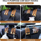 2PCS Leather Car Seat Hooks for Headrest, Vehicle Hanger Storage Organizer Universal for Handbag Purse, Car Accessories Gift (Brown-Gold)
