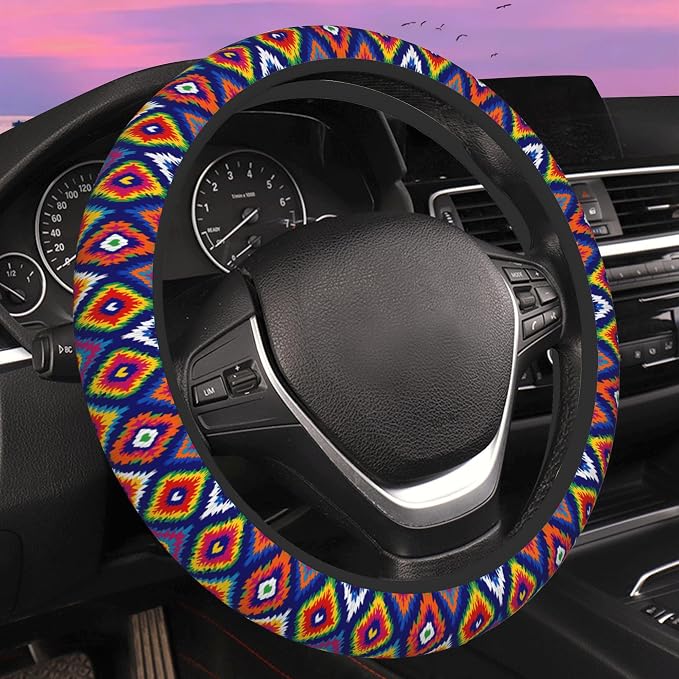 Colorful Ethnic Geometric Steering Wheel Cover for Women Men Neoprene Breathable Wheel Cover Protector Anti-Slip Car Accessories Universal 15 Inch Fit for Cars Trucks Vehicles