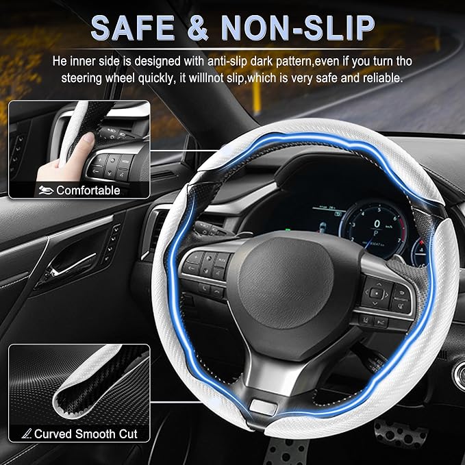 3pcs Carbon Fiber Anti-Skid Steering Wheel Cover, Waterproof & Segmented Butterfly Design, Universal 99% Vehicle Wheel Cover Protector, Car Interior Accessories (White-3pcs)