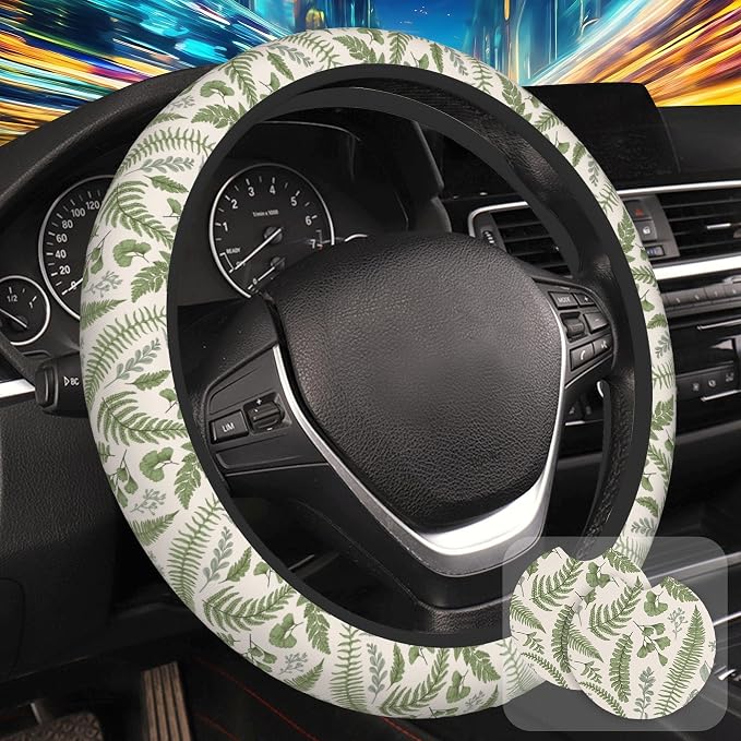 Leaves and Herbs Steering Wheel Cover with 2 Pcs Car Coasters Neoprene Steering Wheel Cover for Women Men Anti-Slip Breathable Car Accessories Universal 15 Inch Fit Auto Cars Trucks