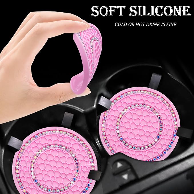 4PCS Bling Crystal Rhinestone Cup Holder Coaster, 2.75 inch Soft Silicone Anti-Slip Shockproof, Car Cup Holder Insert Coasters, Universal Car Interior Accessories for Women (Pink & Colorful)