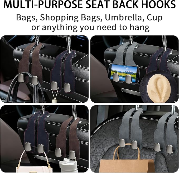4 Pack Car Seat Headrest Hooks for Purses and Bags, Car Purse Holder With Double Metal Hooks, Headrest Back Seat Handbags Hook, Universal Car Purse Hanger, Cute Car Hanging Accessories, Brown