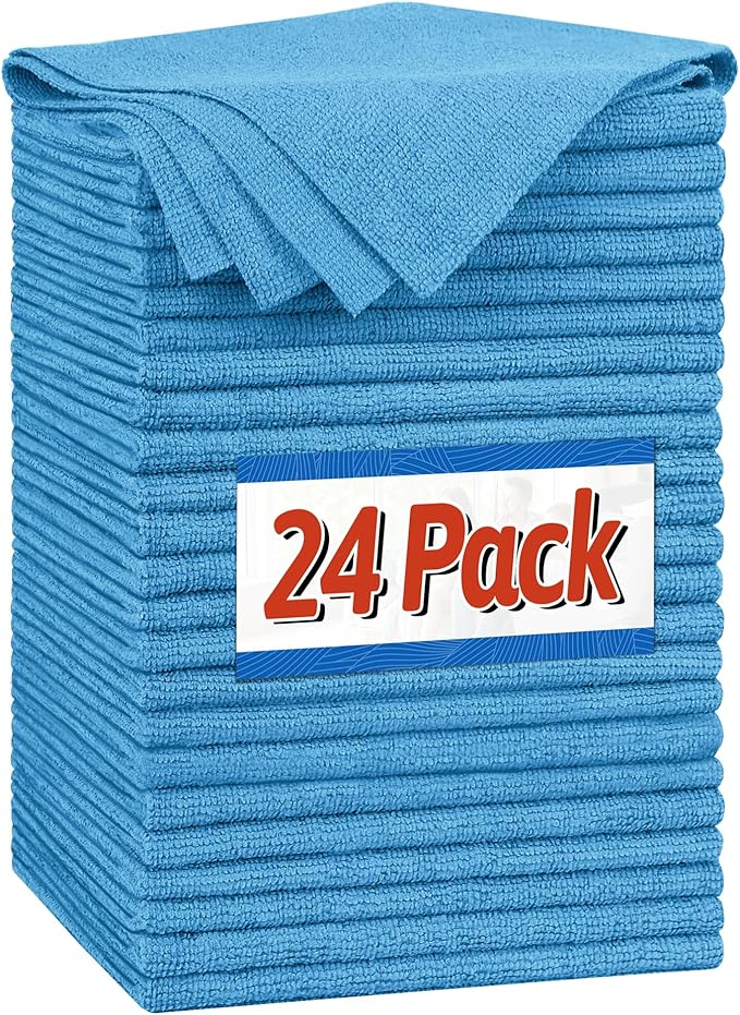 Microfiber Cleaning Cloth, Shop Towels Bulk, 24 Pack Blue Microfiber Towels for Cars, All-Purpose Absorbent Cleaning Rags, Dust Cloth for Automotive, Mechanic, Garage, Bar, 12 x 11 inch