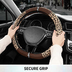 Leopard Steering Wheel Cover for Women, Cute Anti-Slip Microfiber Leather, Fits D Shape Flat Bottom Steering Wheel 14.5-15 Inch - Brown