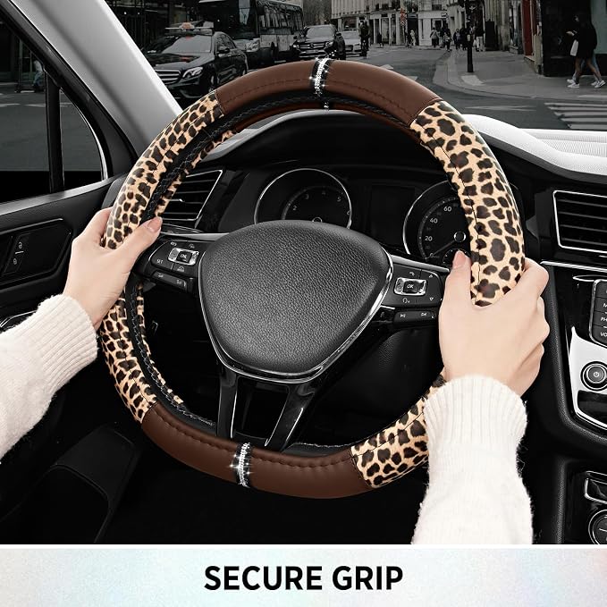 Leopard Steering Wheel Cover for Women, Cute Anti-Slip Microfiber Leather, Fits D Shape Flat Bottom Steering Wheel 14.5-15 Inch - Brown