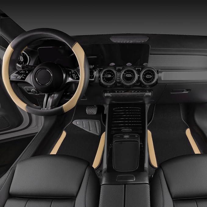 Faux Leather Steering Wheel Cover and Waterproof Car Floor Mats,Universal Car Combo Fit for 95% Sedan,SUV,Cars,14.5-15inch Sporty Anti-Slip Safety Comfortable Design(Black＆Beige)