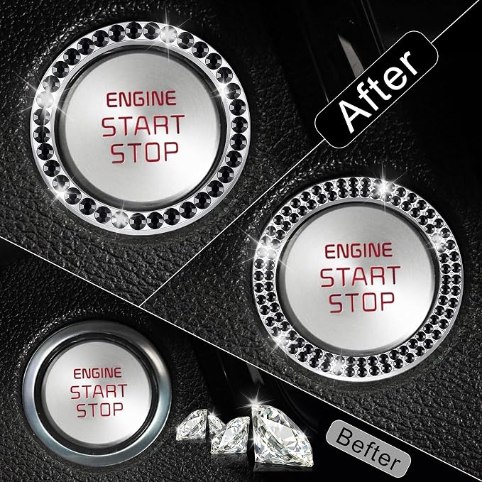 2 PCS Crystal Combinatorial Rhinestone Car Engine Start Decoration Ring, Push to Start Button Cover Sticker, Bling Car Interior Accessories for Women, Automotive Decals, Black