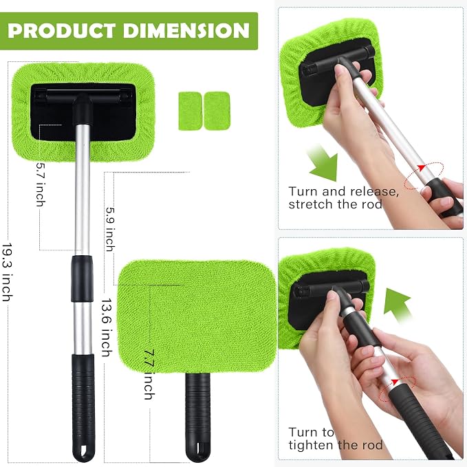 3 Set Windshield Cleaner Tool Inside Car Window Cleaner Tool with 3 Extendable Handle 9 Reusable Microfiber Pads and 3 Spray Bottles for Auto Home Interior Exterior Glass Cleaning(Green)