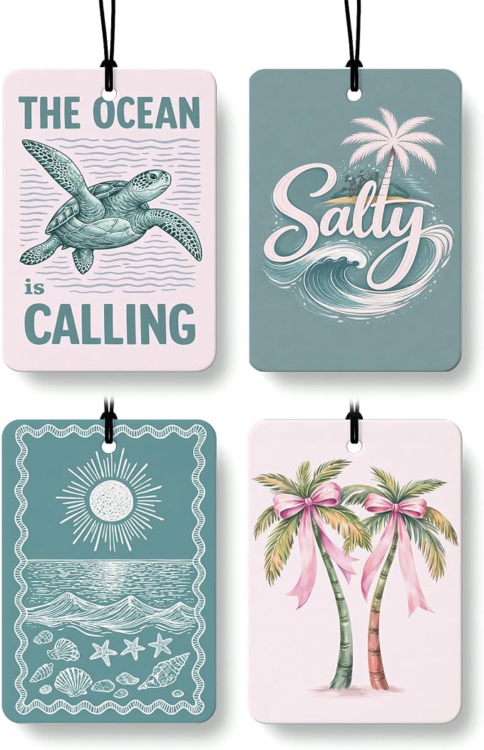 Coastal Beach Car Air Freshener 4 Pcs Coconut Scented, Summer Turtle Pink Bow Palm Tree Car Accessories Mirror Decor for Women, Girly Beachy Hanging Air Freshener for Cars Closet Drawer Books