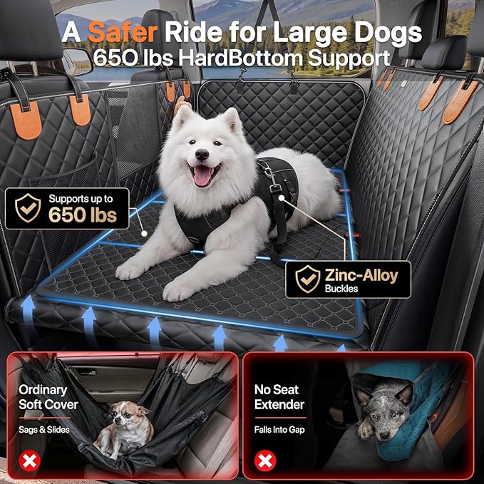 Doglike Hard Bottom Dog Car Seat Cover for Back Seat【with Detachable Mat】 Dog Hammock for Car【650lbs】 Pet Bed Extender for 2-4 Large Dogs, Waterproof Seat Protector, Fits for Sedan/SUV/Small Truck