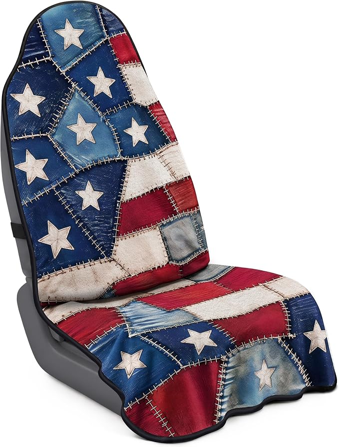 Car Seat Towel Cover for Front Seats, 1Pc Sweat Absorbent Car Seat Protector with Non-Slip Backing, Waterproof Towel Car Seat Covers for Runners, Gym, Swimming, Beach, Pets, Patchwork Flag