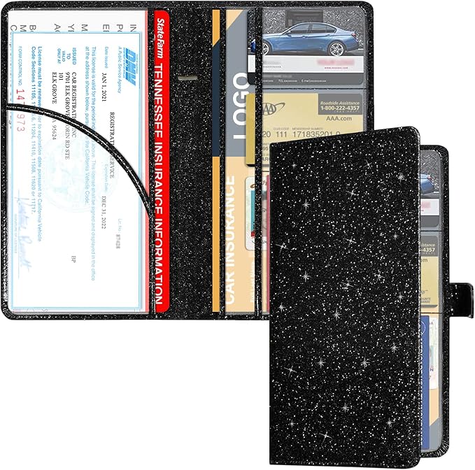 Car Registration and Insurance Holder, Vehicle Glove Box Organizer Cool Car Accessories, Auto Truck Document Holder for Cards, Driver License, Black Glitter