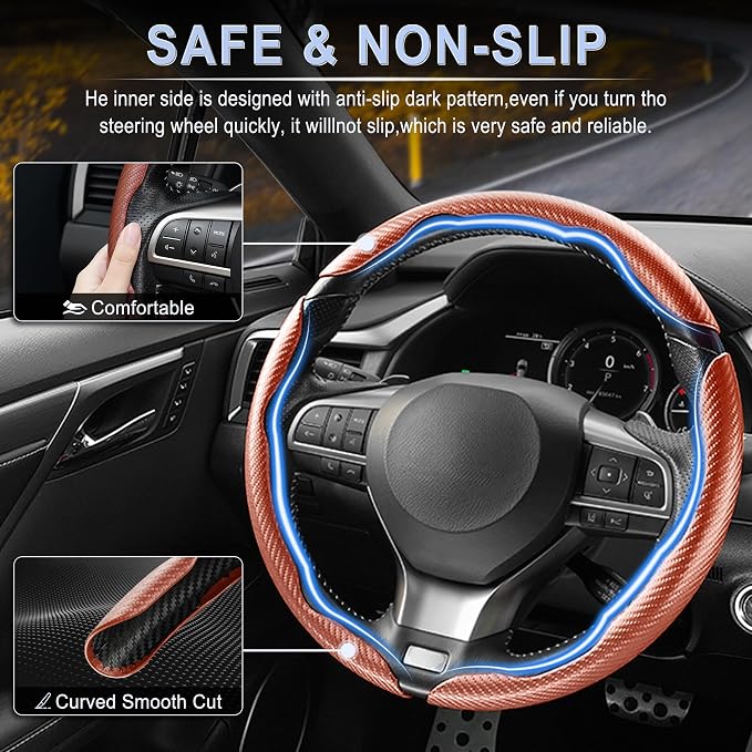 3pcs Carbon Fiber Anti-Skid Steering Wheel Cover, Waterproof & Segmented Butterfly Design, Universal 99% Vehicle Wheel Cover Protector, Car Interior Accessories (Champagne-3pcs)