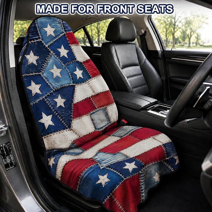 Car Seat Towel Cover for Front Seats, 1Pc Sweat Absorbent Car Seat Protector with Non-Slip Backing, Waterproof Towel Car Seat Covers for Runners, Gym, Swimming, Beach, Pets, Patchwork Flag