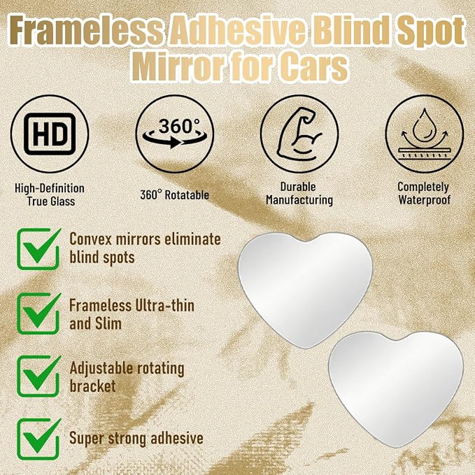 4PCS Car Blind Spot Mirror, Heart-Shaped Wide Angle HD Glass Convex Frameless Side Blindspot Mirror with Adjustable Stick, Auto Exterior Rear View for Wide Angle, Universal Fit