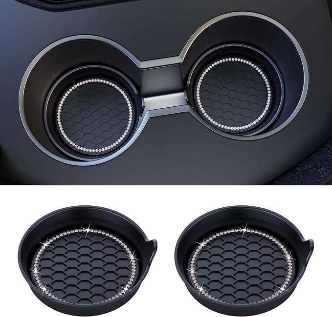 Car Cup Coaster Universal Non-Slip Cup Holders Bling Crystal Rhinestone Car Interior Accessories 2 Pack Black