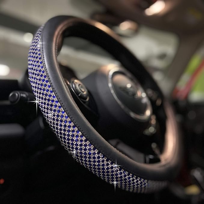 Large Size Bling Comfy Steering Wheel Cover with Jumbo Crystal Rhinestones, Anti-Slip Diamond Leather, 15.5-15.75 Inch (Blue)