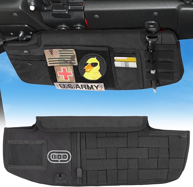 Sun Visor Organizer Compatible with 2018-2026 Wrangler JL & Gladiator JT, Driver's Side Front Tactical Visor Storage Cover Molle Webbing Visor Storage Holder Pouch, Multi-Pocket Net Zipper