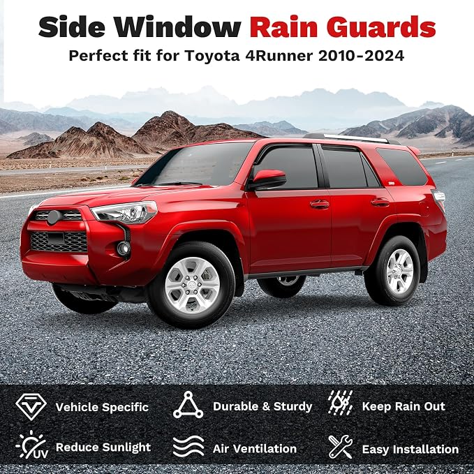 4Runner Rain Guards - Window Visors for Toyota 4Runner 2010-2024, Outside-Mount Tape-On Side Window Wind Deflectors for 4Runner Accessories, Vent Visors Shades Rainproof 4PCS