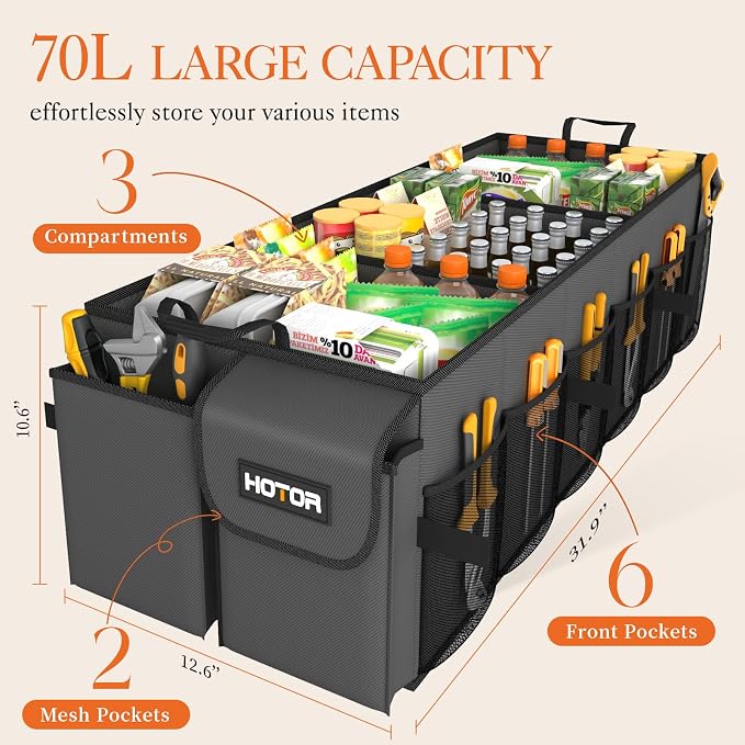 Trunk Organizer for Car - Car Organizer, Foldable Trunk organizer for SUVs & Sedans, Sturdy Organization for Car Accessories, Tools, Sundries, Grey, 3 Compartments, 31.9"×12.6"×10.6"