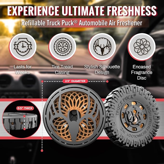 Truck Puck High Range Cedar Fragrancee Car Air Freshener – Long-Lasting Car Deodorizer, Refillable Vent & Visor Clip Auto Air Freshener for Car, Truck & SUV, Premium Fragrance, Pack of 3