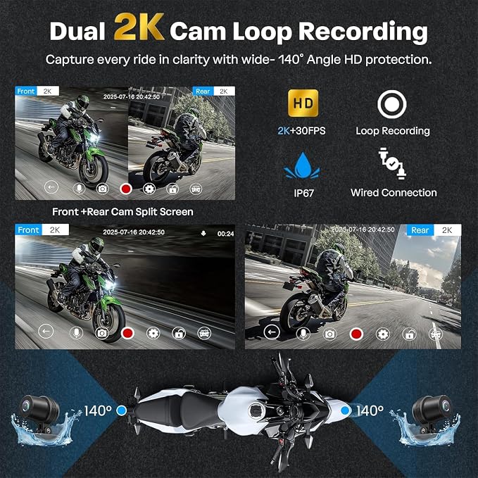 Motorcycle CarPlay Screen with Android Auto – 7” Waterproof GPS, Pantalla para Moto, Apple CarPlay, Navigation System for Motorcycle, Dual 2K Dash Cam Bluetooth Audio,64GB&TPMS with Magnetic