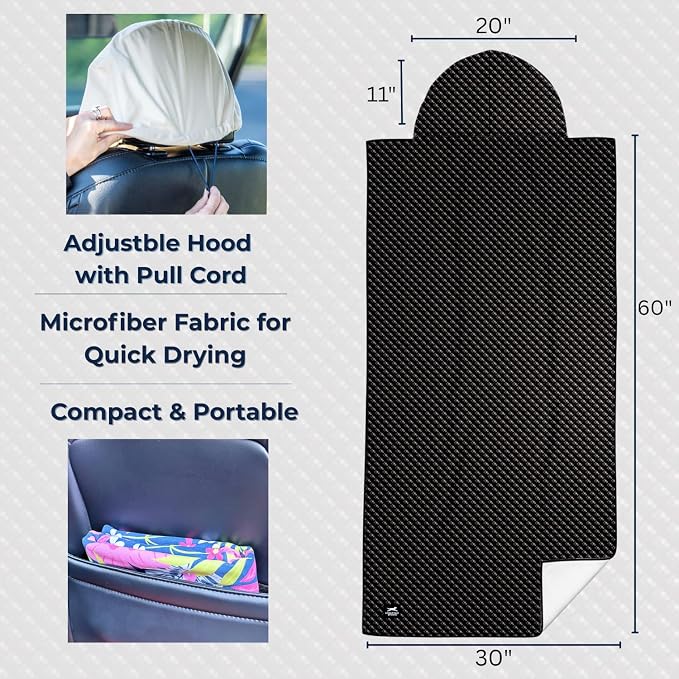 Car Seat Towel Cover – Hooded Moisture-Wicking Microfiber Seat Protector – 30" x 60" – for Runners and Outdoor Enthusiasts – Carbon Fiber