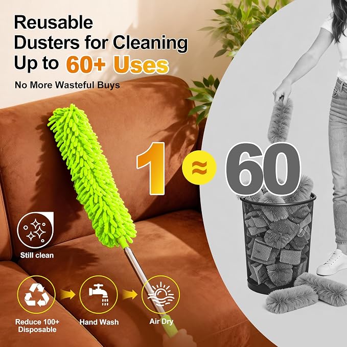 Duster with Extension Pole 100 inch Extendable Reusable Dusters for Cleaning 5-in-1 Anti-Spin Dusting Kits for High Ceiling Fans, Cobwebs & Vents, Reinforced Stainless Steel Telescopic Handle